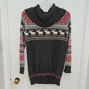 Cozy Gray Cowl Neck Sweater with Moose Pattern Fair Isle Nordic Design